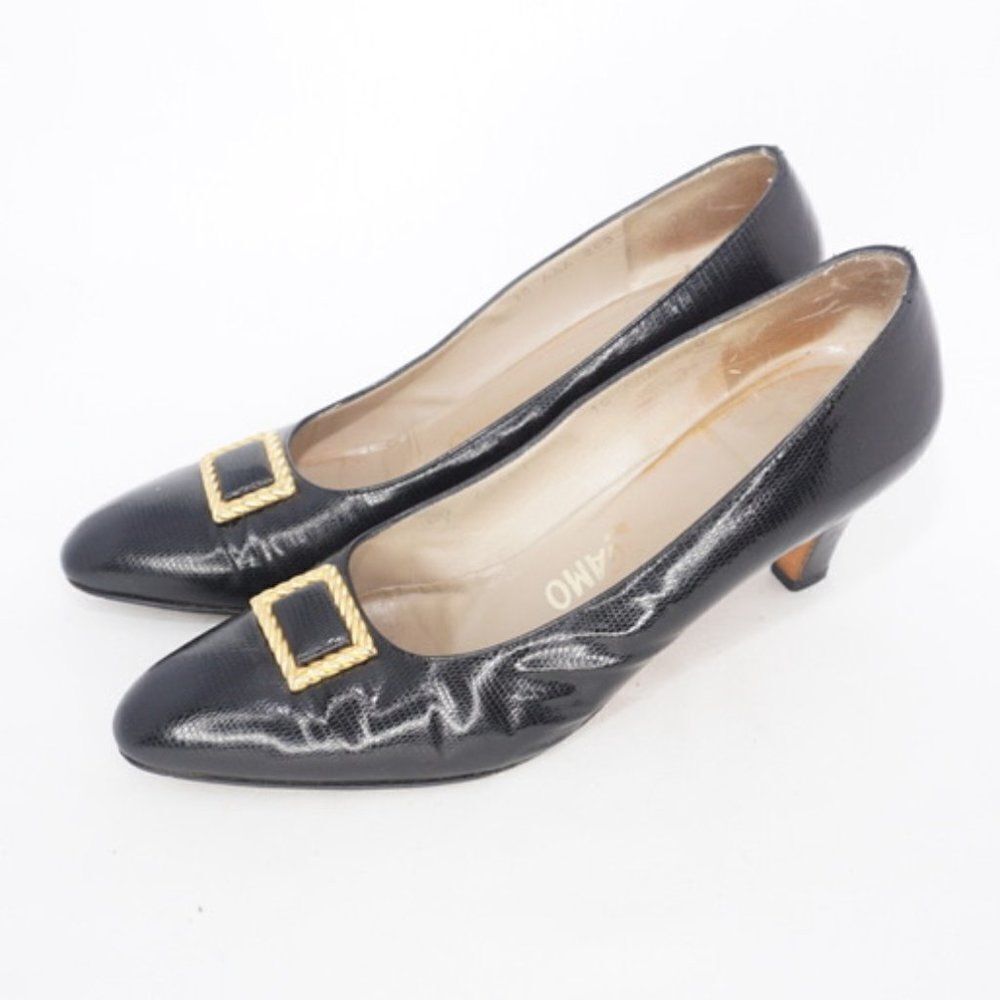 Salvatore Ferragamo Vintage Black Leather Kitten Heels with Gold-Toned Accents